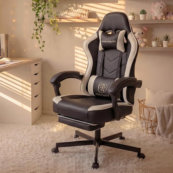Office Chair Breathable Leather with Pocket Spring Cushion Wide and High Ergonomic Office Chair with Headrest Computer Gaming Chair with Footrest for Adult Black and White