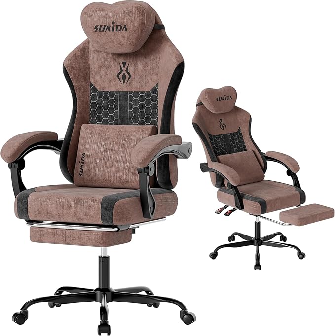 SUKIDA Ergonomic Gaming Chair — Premium Computer Video Gaming Chair with Massage Lumbar Support Adjustable Headrest &amp Footrest Plush Chenille Fabric for Office and Home UseBrown