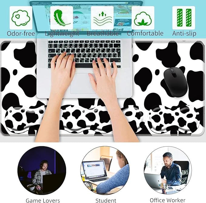 Keyboard Wrist Rest+Mouse Wrist Pad+Desk Pad SetMemory Foam Ergonomic Easy Typing Pain Relief for Computer Laptop Office Home - Cow Pattern