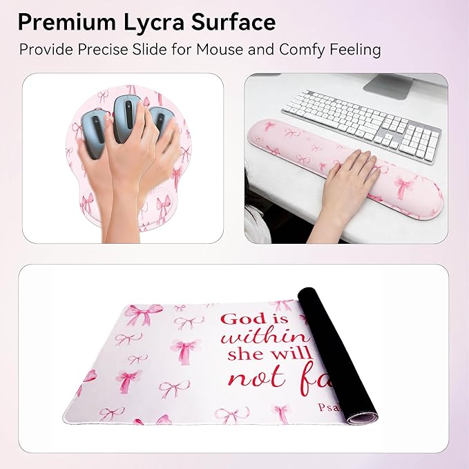 Desk Mat Set + Keyboard and Mouse Pad with Wrist Rest Support4-in-1 Large Mousepad Computer Mats for Desktop Home &amp Office-Pink Bowtie
