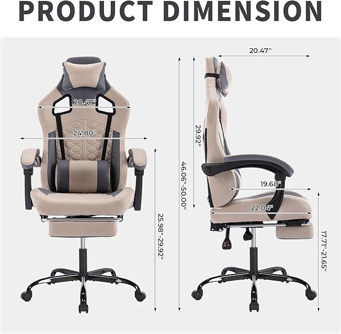 360° Swivel Gaming Chair for Adults with Pull-Out Footrest Ergonomic Video Game Chair with Headrest and Massage Lumbar Support Height Adjustable Computer Chairs for Office or Gaming Khaki