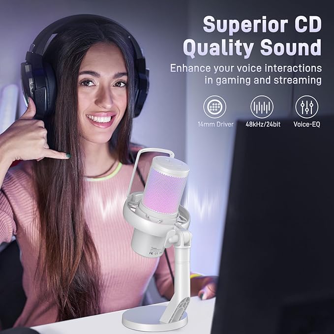 MAONO Wireless Gaming Microphone USB Condenser Mic with Software Noise Cancellation AI Voice Changer RGB Lights Mute Gain for Streaming Recording Podcast Computer PC Laptop DM40 White