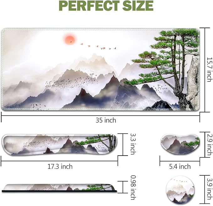 AIMSA Large Gaming Mouse Pad Set Keyboard Wrist Rest Support + Extended Mouse Pad + Mouse Wrist Cushion + Coaster Ergonomic Memory Foam Desk Mat 35x15.7in Anti-Slip Base (Pine Tree Mountains)