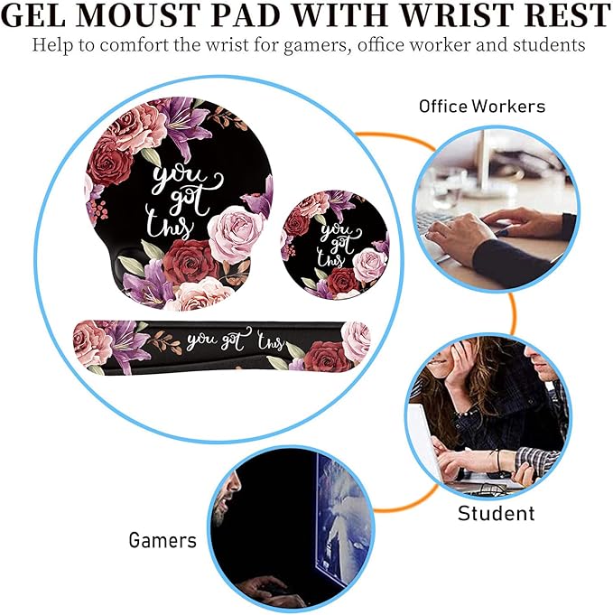 Keyboard Wrist Rest and Mouse Pad Wrist Support Set with CoastersErgonomic Gaming Mousepad for Home Office Working Studying Easy Typing &amp Pain ReliefYou Got This Adorable Peony Flower