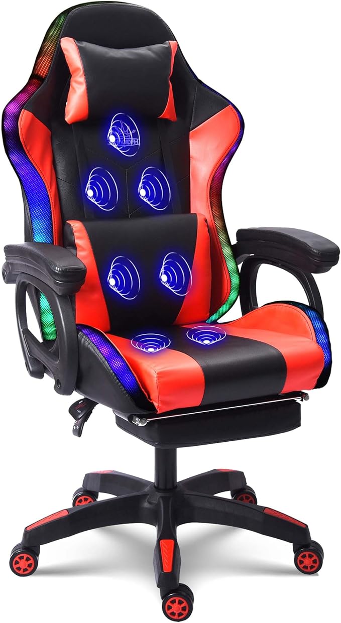 Video Game Chair with Speakers and RGB Lights Massage Ergonomic Computer Gaming Chair with Footrest and Lumbar Support 90°-135° Tilt Rocking Chair Gaming Chairs for AdultsRed