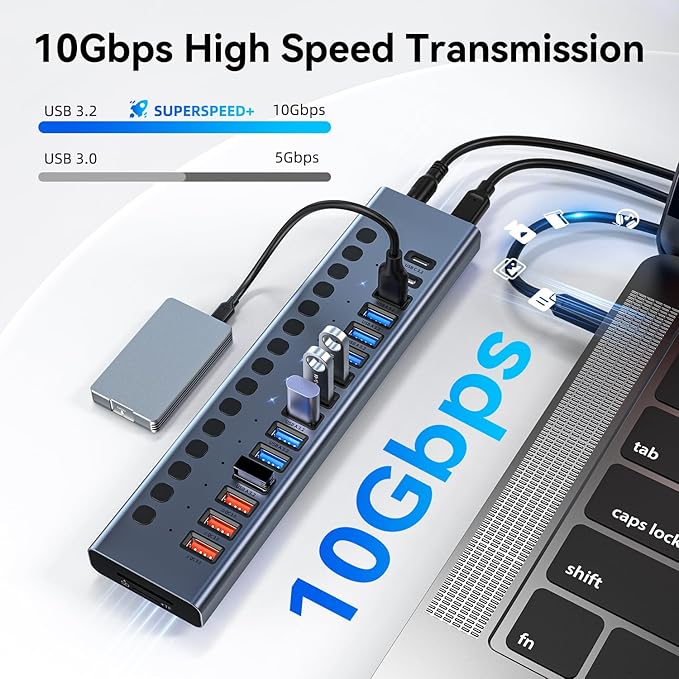 Powered USB Hub 10Gbps 17 Ports 96W USB 3.2 Hub(10 USB-A 3.2 Ports+3 QC 24W Fast Charging Ports+2 USB-C 3.2 Ports+SD/TF Card Reader) 12V/8A Power Adapter for Laptop PC Computer HDDFlash Drive