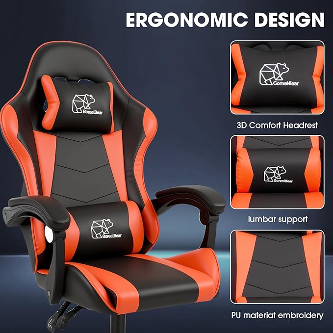 BorealBear Gaming Chair Office Chair Reclining High-Back PU Leather Computer Desk Chair with Headrest and Lumbar Support Suitable for Gaming Chairs Office Storage and More（Orange）