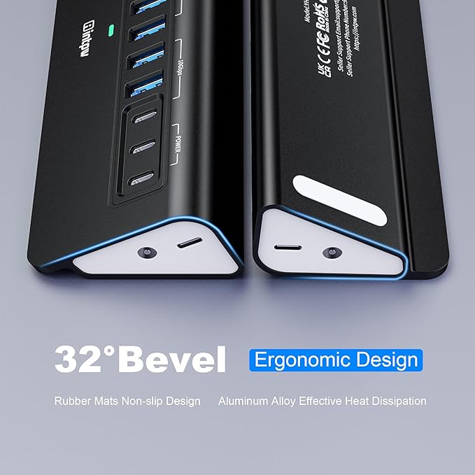 Powered USB Hub 10Gbps intpw YH9AC 12-Port USB C Hub with 10Gbps USB C 3.2 2 USB A 3.2 7 USB 3.0 2 PD 45W Charging Port 65W Power Adapter + 3.3FT Cable Aluminum USB Hub for Laptop/iPhone16/15/PC