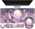 Large Desk Mat Gaming Mouse Pad Desk Pad Protector XXL Mousepad + Keyboard Wrist Rest+Mouse Wrist Rest+Coaster Set with Ergonomic Desk Pad for Home Office PC Computer Pastel Purple Flower Moon