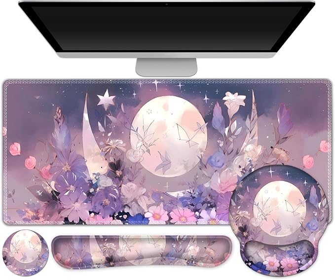 Large Desk Mat Gaming Mouse Pad Desk Pad Protector XXL Mousepad + Keyboard Wrist Rest+Mouse Wrist Rest+Coaster Set with Ergonomic Desk Pad for Home Office PC Computer Pastel Purple Flower Moon