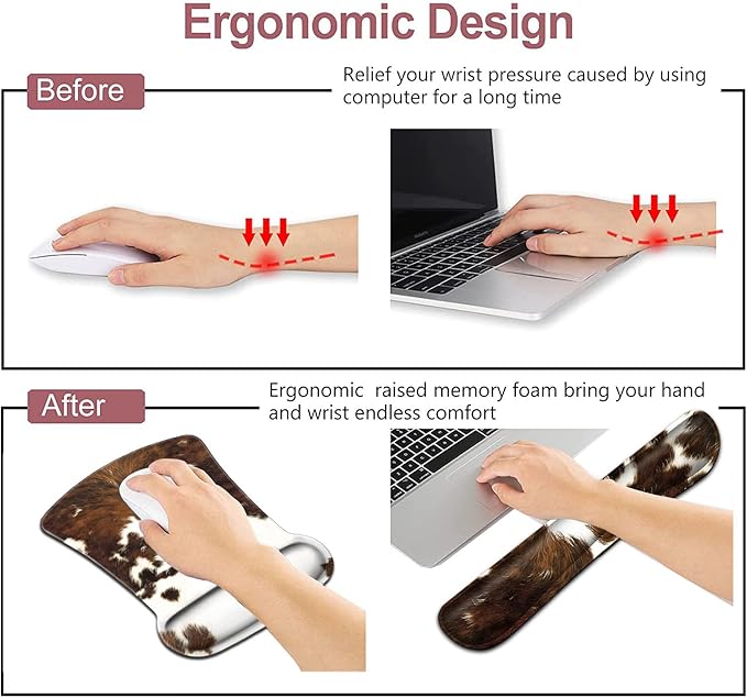 Keyboard Wrist Rest and Mouse Pad with Wrist Support Ergonomic Coaster Easy Typing Pain Relief Memory Foam Keyboard Wrist Rest Cow Cowhide Desktop DecorationSuitable for Office Typing Games