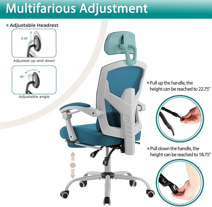Ergonomic Desk Chair High Back Office Chair with Wheels and Arms Computer Chair with Footrest Swivel Reclining Gaming Chair with Headrest Comfy Armrest for Home Office Work Study Blue