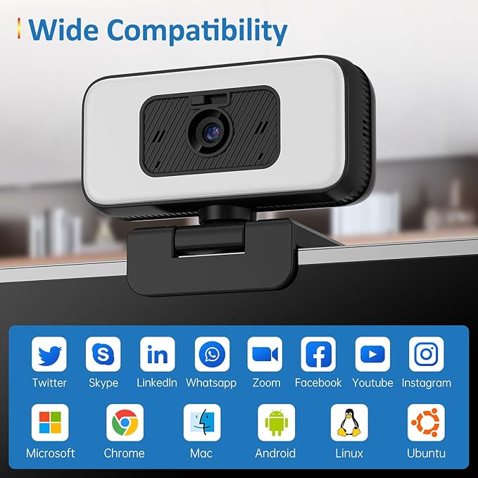 2K Webcam for Laptop Computer Camera with Light for PC/Desktop/Mac [Light Your Face Free Your Space] USB Webcam with Auto Anti-Disturb Backlight Zoom &amp Flip Privacy Cover Microphone