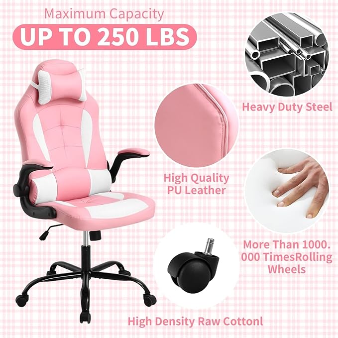 PC Gaming Chair Nice Cute Pink Chair Desk Chair Home Office Chair Swivel Rolling Adjustable Best Video Game Chair Lumbar Support Flip Up Arms Headrest Ergonomic Racing Heavy Duty Chair