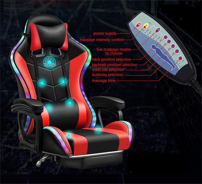 Massage Gaming Chair Racing Computer Desk Office Chairwith speakers and LED Linghts with Headrest Lumbar Support footrest and Adjustable Armrests360° Swivel 135° Reclining  300LB Metal BaseWhite