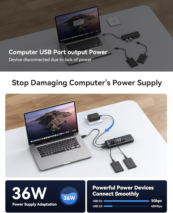 Powered USB Hub Wenter 10-Ports USB Splitter Hub 3.0 with Individual LED On/Off Switches and USB A-C Adapter 12V/3A Power AdapterPowered USB 3.0 Hub for PC Laptop Desktop