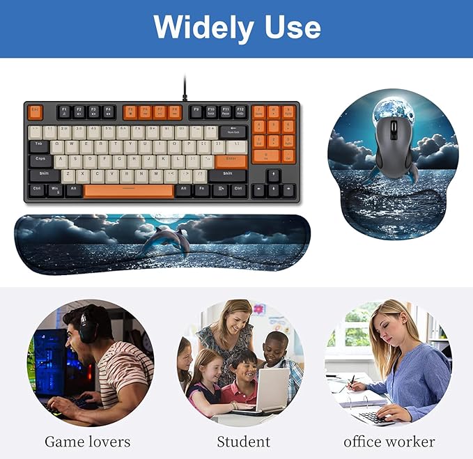 Keyboard Wrist Rest + Mouse Pad Wrist Support Set with Coasters Non-Slip PU Base Ergonomic Mousepad for Home Office Working Studying Easy Typing &amp Pain Relief Dolphin