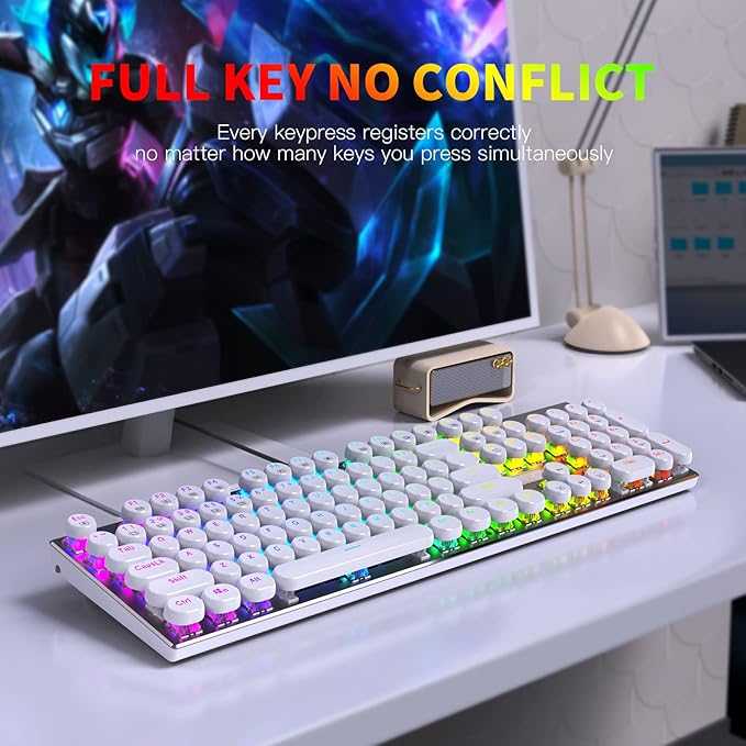 HUO JI E-Yooso Z-88 Wired Typewriter Style Mechanical Gaming Keyboard Programmable RGB Backlit Blue Switches - Clicky USB-C Cable Metal Panel 104 Double-Shot Keycaps for PC White