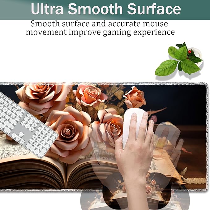 Large Game Mouse Pad + Wrist Support Pad + Coffee Coaster Desk Pad with Sewn Edges Anti-Slip Set pad Suitable for Office Work and Home - Flower Book