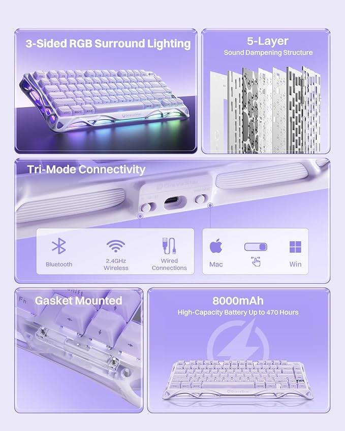 GravaStar Mercury K1 Purple 75% Wireless Mechanical Keyboard – Tri-Mode BT5.0/2.4GHz/USB-C Gaming Keyboard Jelly Keycaps Linear Switches RGB Backlit Creamy Keyboard for PC/Mac Cute &amp Stylish