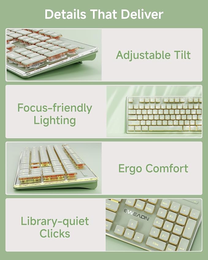 V3 Wireless Keyboard and Mouse Combo Bluetooth/2.4G Rechargeable Light up Quiet Computer Keyboard and Mouse with White Backlit Metal Panel Cute Keyboards-Green
