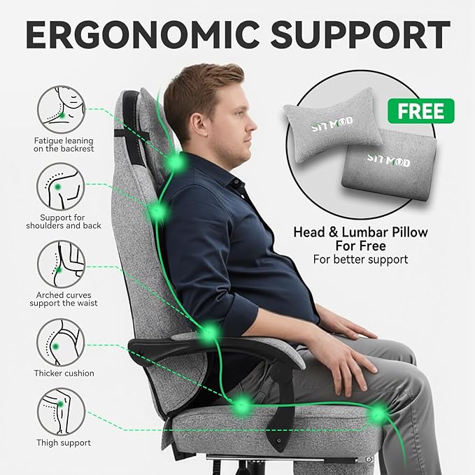 Gaming Chair Computer Office Chair with Foot Rest Ergonomic Fabric Desk Chair with Adjustable Lumbar Support &amp Headrest Comfortable PC Reclining Gaming Chairs for Adults Silla Gamer 350lbs
