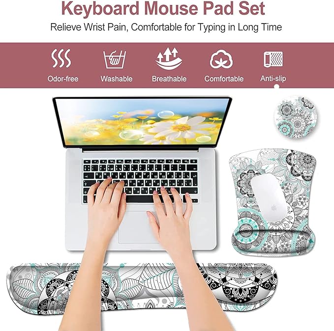 Mouse Pad with Wrist Support Ergonomic Gel Mouse Pad White Mandala Flowers Non-Slip and Durable Memory Foam Keyboard Wrist Rest Suitable for Office Typing Games Non-Slip and Durable