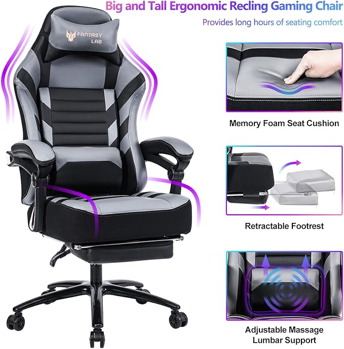 Swivel Gaming Chair Computer Chair with Footrest and Lumbar Support Ergonomic Comfortable Office Chair for Adults Height Adjustable Reclining Chairs for Office Gaming Lounge (Grey)