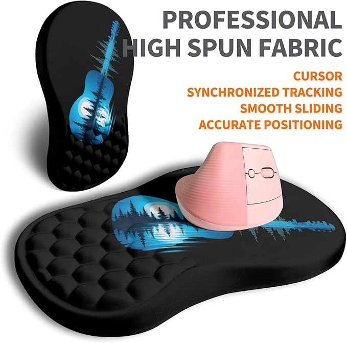 Ergonomic Joint Wrist Support Mouse Pad with Memory Foam Cushion Massage Bump Carpal Tunnel Pain Relief Mousepad Slope Design for Wrist Rest 11.8x7.9 in Guitar
