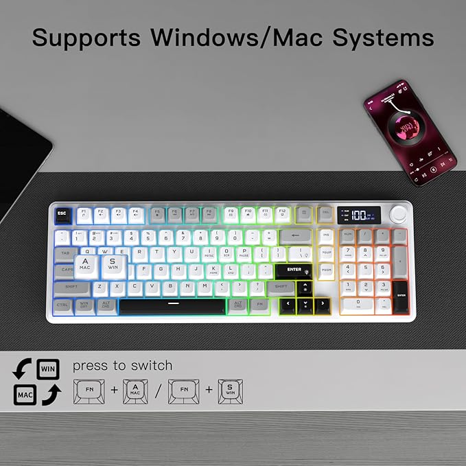 Wireless Gaming Keyboard with Smart Display &amp Knob Control Tri-Mode BT5.0/2.4GHz/Wired RGB Backlit Computer Keyboards with Number Pad 26-Key Rollover Compatible for Windows Mac