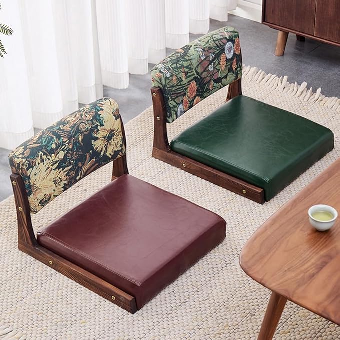 ELEFOCUS Japanese Floor Chair with Back Support Tatami Chair with Cushion Portable Japanese Legless Seats Meditation Seat(Green a)