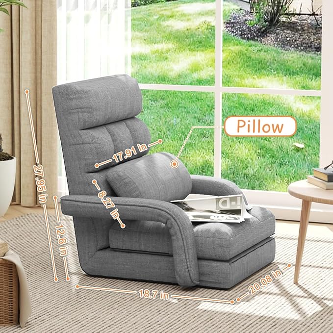 WAYTRIM 6 Position Indoor Chaise Lounge Chair Gaming Floor Chair for Teens Adults Indoor Lounge Chair Lazy Sofa for Pets with Armrests &amp Pillow Comfy Chair for Bedroom Dorm Living Room - Grey