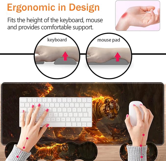 Large XXL Gaming Desk Mat 31.5x 11.8 Ergonomic Keyboard Wrist Rest &amp Mouse Pad Wrist Rest + Coaster Set Non-Slip Base Memory Foam Office and Home Fire Tiger