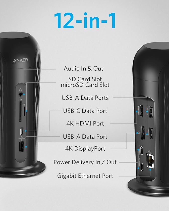 Anker Docking Station PowerExpand 12-in-1 USB-C PD Media Dock 60W Power Delivery 4K HDMI and DP 1 USB-C&amp3 USB-A 3.0 Data Ports SD and TF Slots Gigabit Ethernet Audio