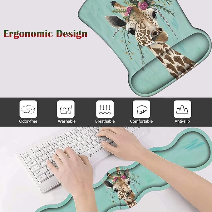 Keyboard Wrist Rest + Mouse Wrist Rest + Coaster + Invisible Hook Set Ergonomic Mouse Pad Wrist Pain Relief and Non-Slip Base Design Suitable for Office and Home Green Rustic Wood and Giraffe