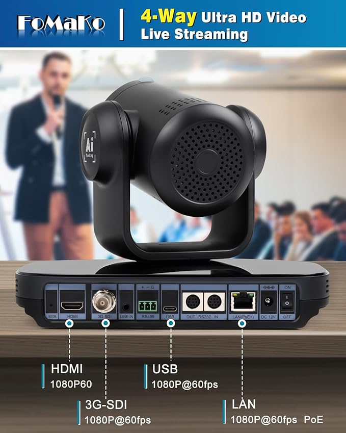 FoMaKo 30X Optical Zoom PTZ Camera with AI Auto-Tracking 1080P60 HDMI/3G-SDI/USB3.0 Type-C HDMI PTZ Camera for Church Worship Education Conference &amp EventsK30-New Black