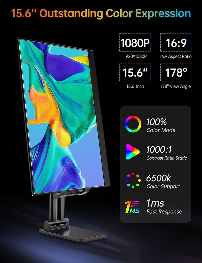 VILVA Portable-Monitor-for-Laptop - 15.6'' 1080P FHD IPS Display USB-C HDMI Portable Monitor for Laptop with Cover and Speakers External Monitor for Laptop/PC/Mac/Phone/Xbox Switch/PS4/