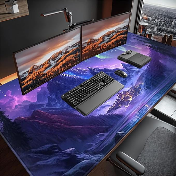Extended Mouse Pad Large Gaming Mouse Pads - Aurora Painting Northern Lights Mountains Stars Desk Pad Computer Desk Mat Non-Slip Mousepad for Game Players Office Study (48 x 24)
