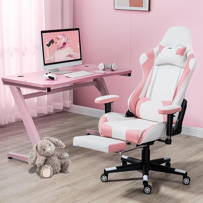 Massage Gaming Chair w/Footrest Video Racing Chair PC High Back Desk Computer Chair PU Leather Recliner w/Headrest and Lumbar Pillow Pink-White
