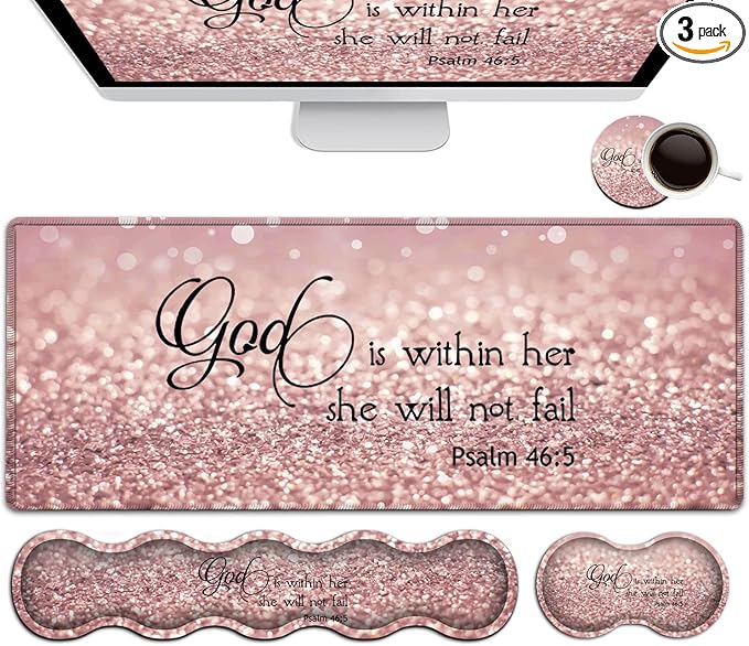 Large Mouse Pad Desk Mat Keyboard Pad+ Ergonomic Keyboard Wrist Rest SetExtended Laptop Protector Writing Mat for Home Office Desktop Psalm 46:5 Pink Gaming Mouse Pad Office Desk Pad Wrist Rest