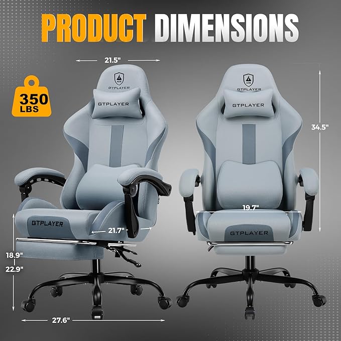 GTPLAYER Gaming Chair with Foot Rest &amp Pocket Spring Cushion Breathable Fabric for Home Office Desk Ergonomic High Back Computer Chair with Headrest &amp Lumbar Support Blue/Gray