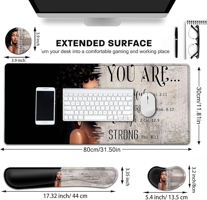 Large Gaming Mouse Pad+ Keyboard Wrist Rest Set Ergonomics Memory Foam Mouse Mat Wrist Rest Support Waterproof Extended Mousepad 31.5x11.8in African American Women Black Girl Black Desk Pad
