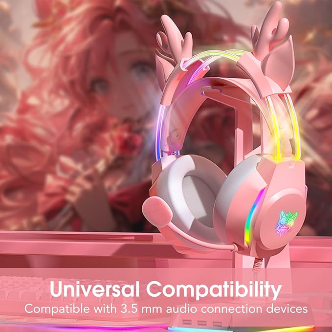 Gaming Headset with Microphone Deer Ears Headphones for PC Laptop PS4 PS5 Xbox Switch Rainbow RGB Lighting &amp Virtual Surround Sound 3.5mm Over Ear Headphones Ergonomic