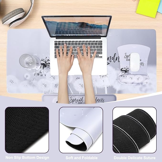 MEGREZ 4-in-1 Ergonomic Memory Foam Wrist Rest Set Desk Pad Mouse Pad with Wrist Rest Keyboard Pad Suitable for Office Workers Programmers &amp Gamers–Relieve Typing &amp Gaming Fatigue Gray D