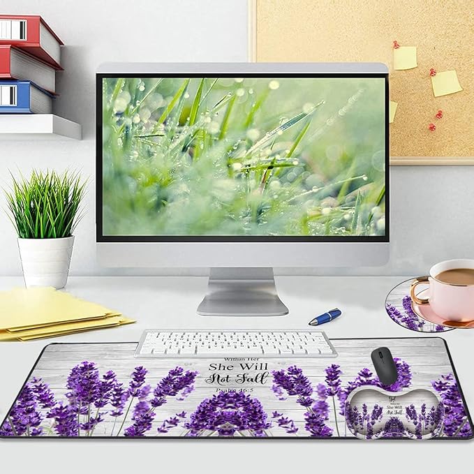 Large Gaming Mouse Pad 31.5x11.8 Inch Keyboard Pad + Ergonomic Wrist Rest Pad and Coaster with Non-Slip 3-Piece Desk Supplies Set Bible Psalm 46:5 Lavender Design for Gamers/Office/Study