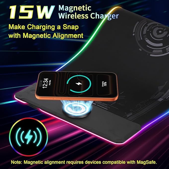 Large Gaming Mouse Pad with Magnetic Wireless Charger 15W Fast Charging RGB Light LED Mousepad Desk Mat Smooth Surface Anti-Slip Rubber Base Keyboard Pad for Gaming MacBook PC Laptop - Black