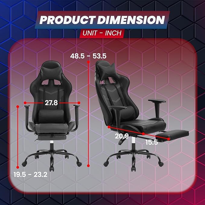 PC Gaming Chair with Footrest Ergonomic Home Office Chair with Lumbar Support &amp Headrest Pillow Height Adjustable Swivel Recliner Racing Computer Video Game Chairs Black