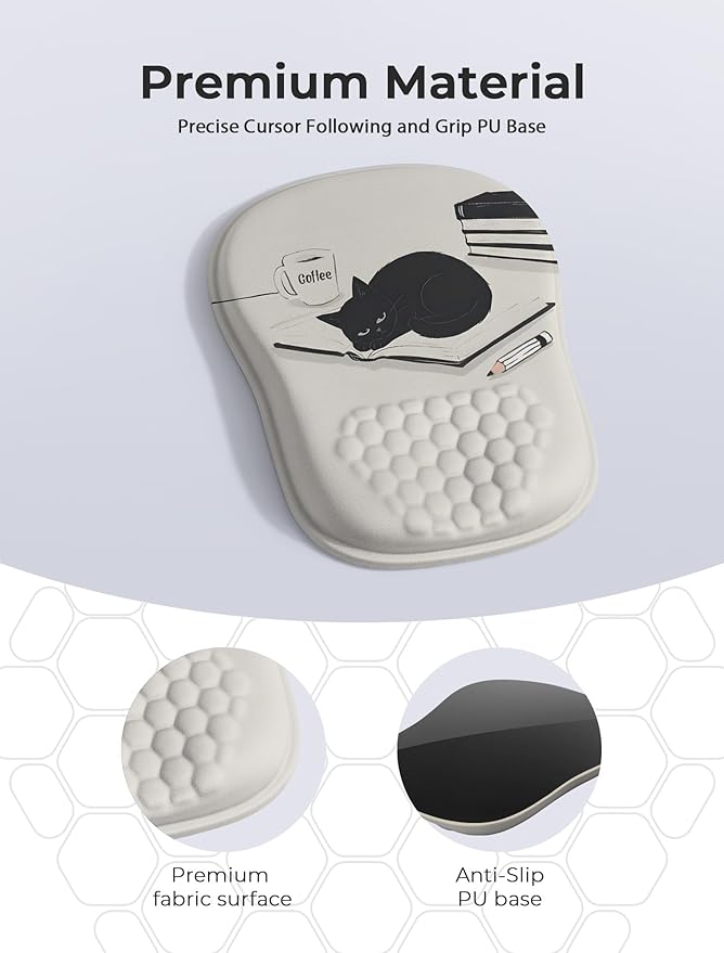 Ergonomic Mouse Pad with Cute Black Cat Design for Carpal Tunnel Pain Relief 65% Usable Mouse Area Memory Foam Concave Wrist Rest for Office PC Gaming