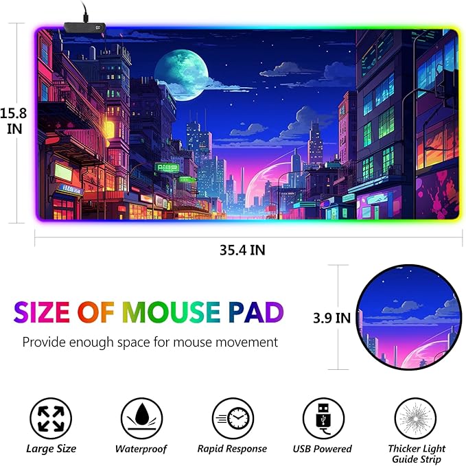 AIMSA RGB Gaming Mouse Pad Large Mousepad with 14 Led Light Modes Keyboard Pad Gaming Accessories for Desk Non-Slip Rubber Base Mouse Mat for Gamer Modern Urban Night Scene