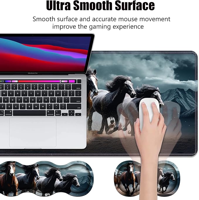 4 in 1 Ergonomic Memory Foam Mouse Pad Wrist Rest Set Large XXL Gaming Desk Pad + Keyboard Wrist Rest + Mouse Wrist Cushion + Coaster for Home Office Study Gaming Running Horses